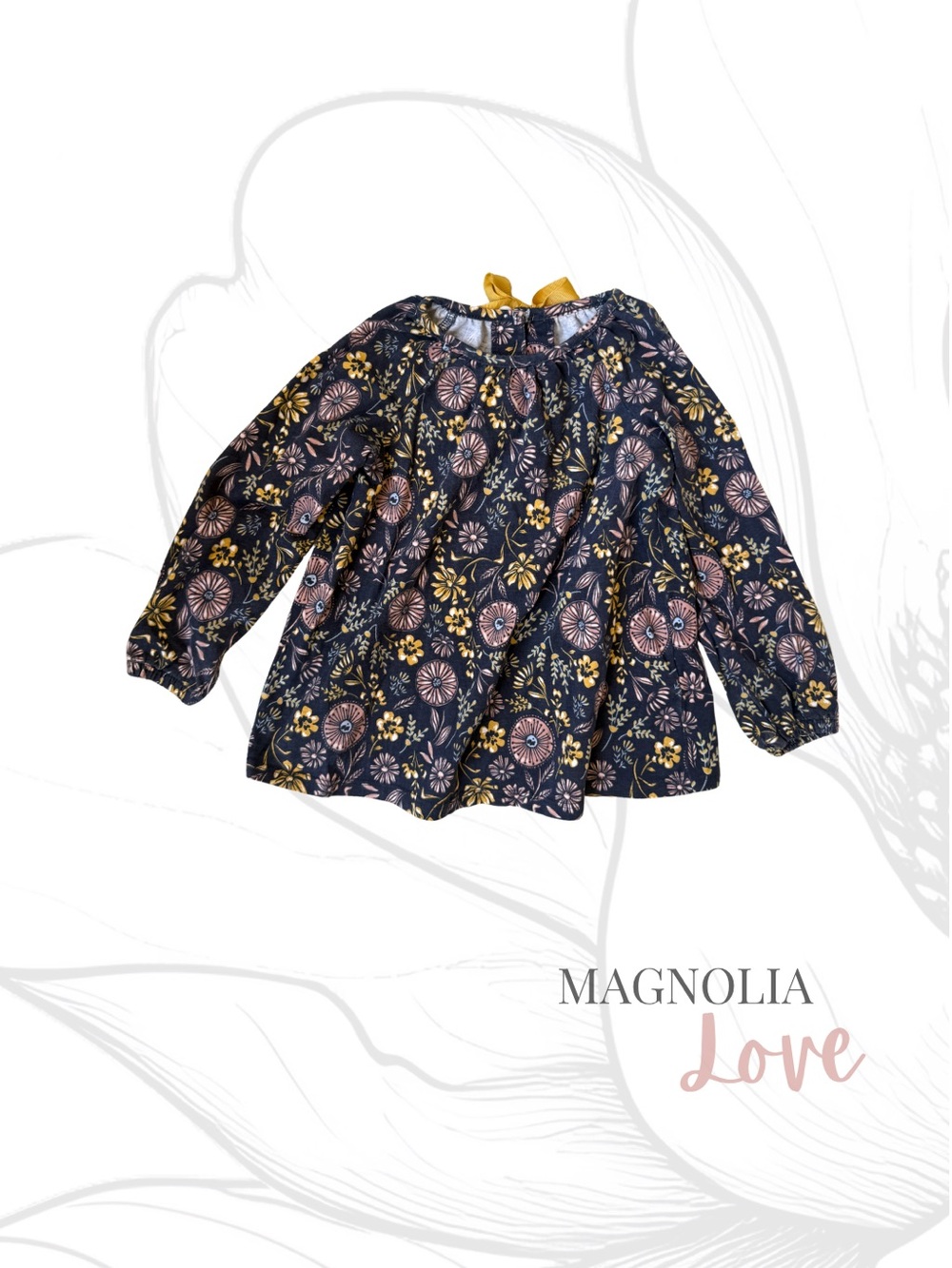 💝 Cynthia Rowley Navy Blue Floral Pink Yellow Long Sleeve Top w/ Yellow Bow 2T
